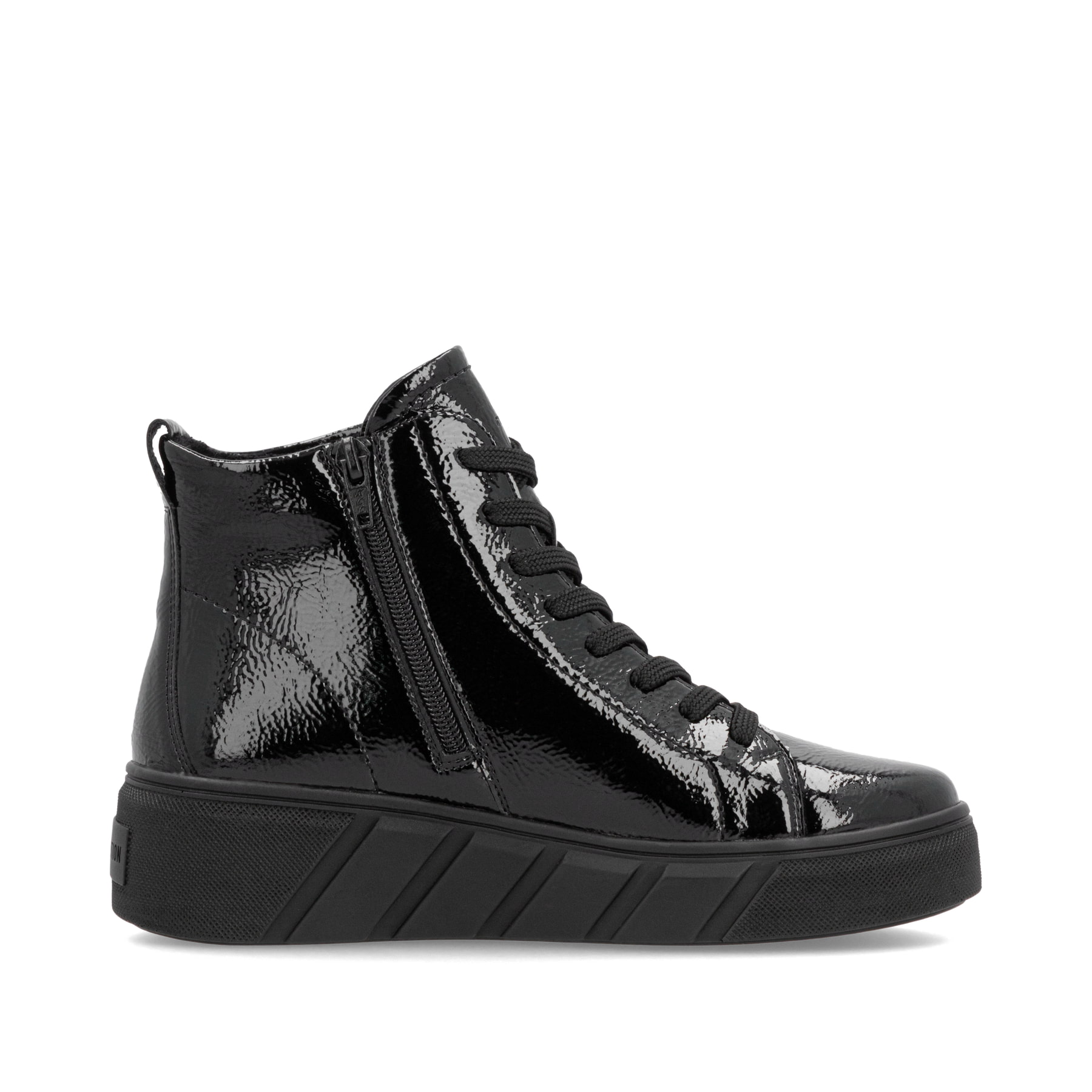 Schwarze Rieker Damen Sneaker High W0561-01 mit einer ultraleichten Plateausohle. Schuh Innenseite.