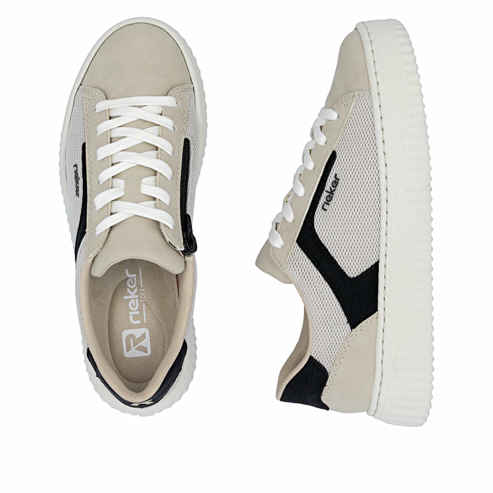 Beigeschwarze Rieker Damen Sneaker Low N9900-60 mit einem Reißverschluss. Schuh von oben, liegend.