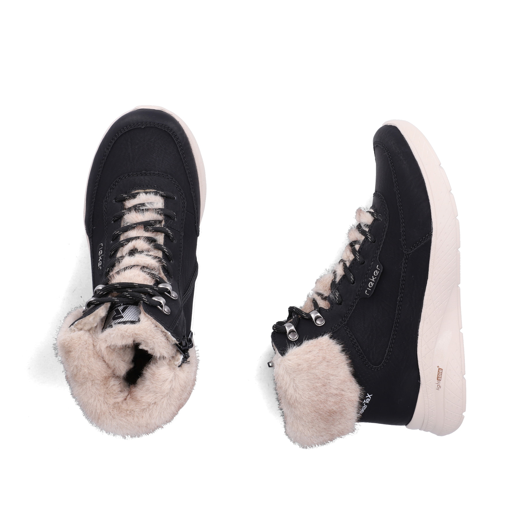 Vegane, schwarze Rieker Damen Sneaker High M8510-00 mit weichem Kragen. Schuh von oben, liegend.