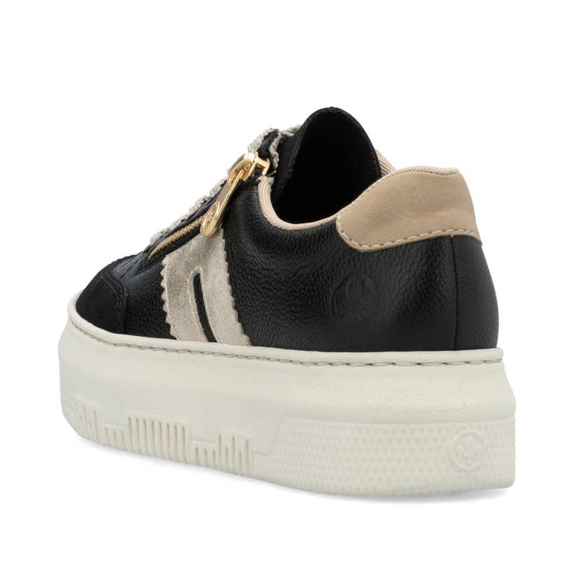 Schwarze Rieker Damen Sneaker Low M1912-00 mit einem Reißverschluss. Schuh von hinten.