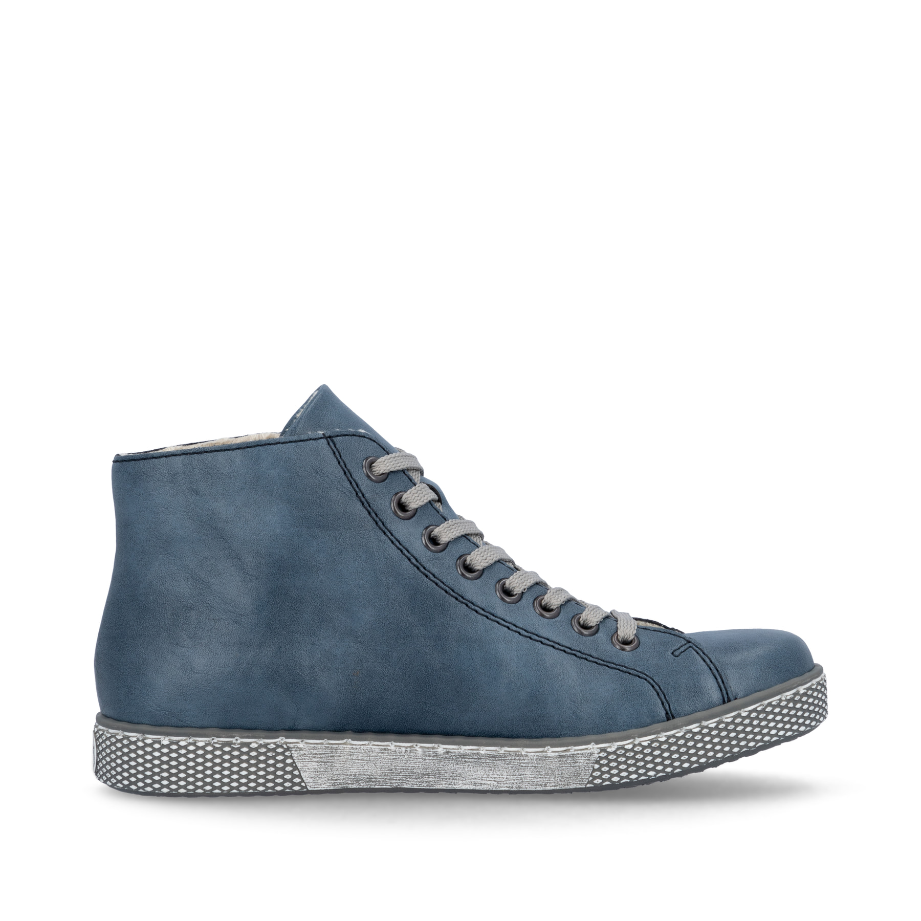 Hellblaue Rieker Damen Schnürstiefel Z1221-14 mit schwarzen Nähten. Schuh von hinten.