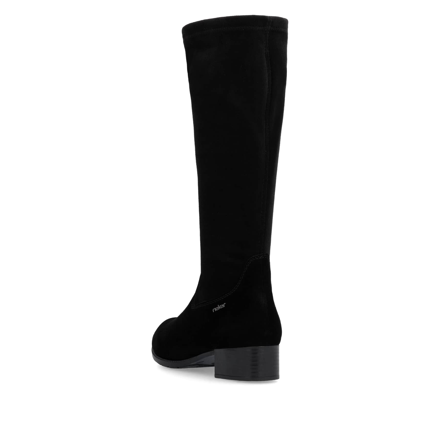 Tiefschwarze Rieker Damen Hochschaftstiefel 78654-00 mit einem Reißverschluss. Schuh von hinten.