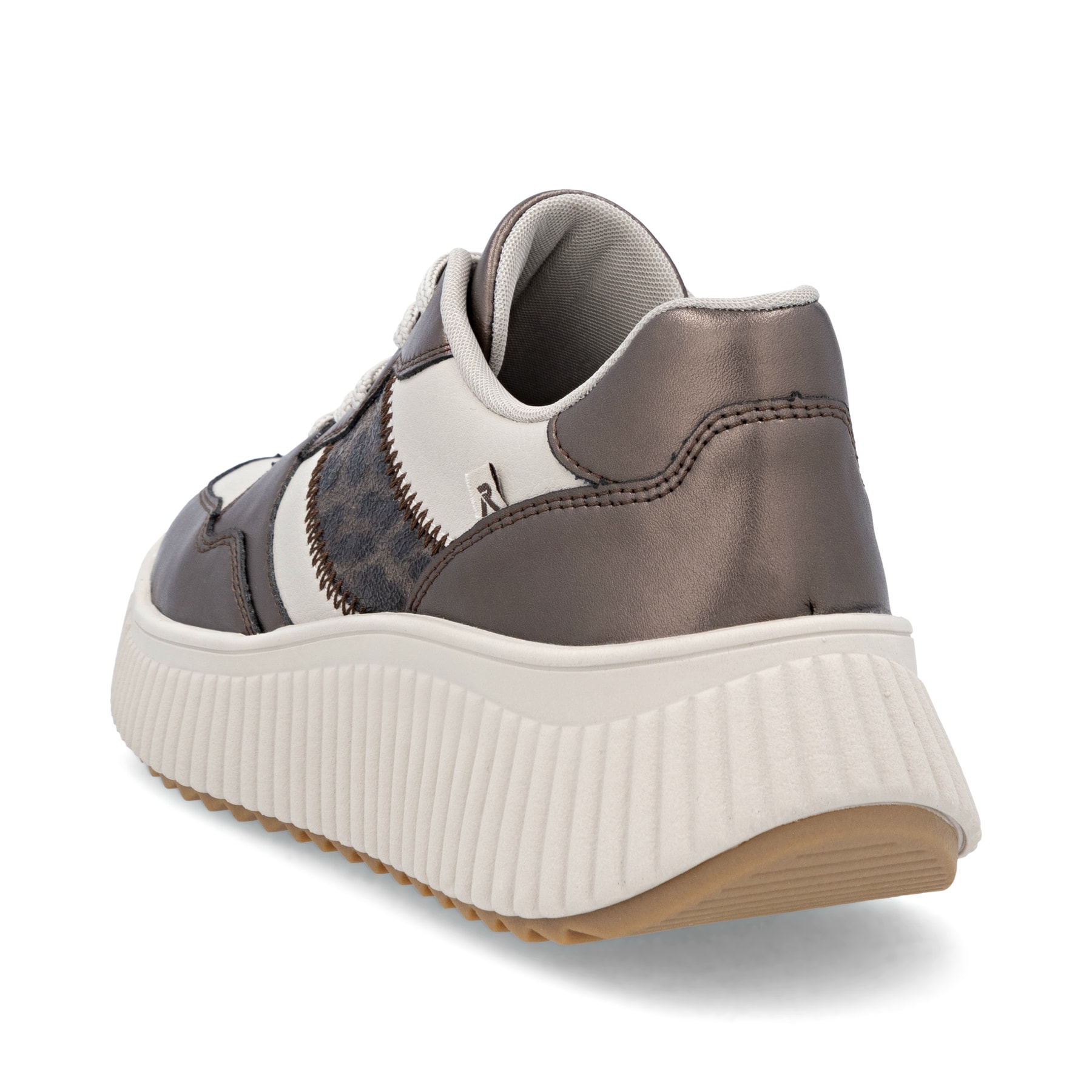 Beige Rieker Damen Sneaker Low W1702-60 aus Glattleder mit Leo-Print. Schuh von hinten.