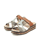 Mehrfarbige Rieker Damen Pantoletten 62989-90 mit handgestickten Nähten. Schuhpaar seitlich schräg.