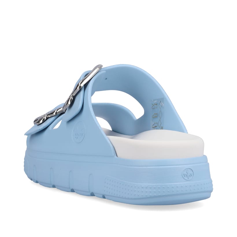 Blaue Rieker Damen Pantoletten P2180-10 mit Schnallen sowie ultraleichter Sohle. Schuh von hinten.