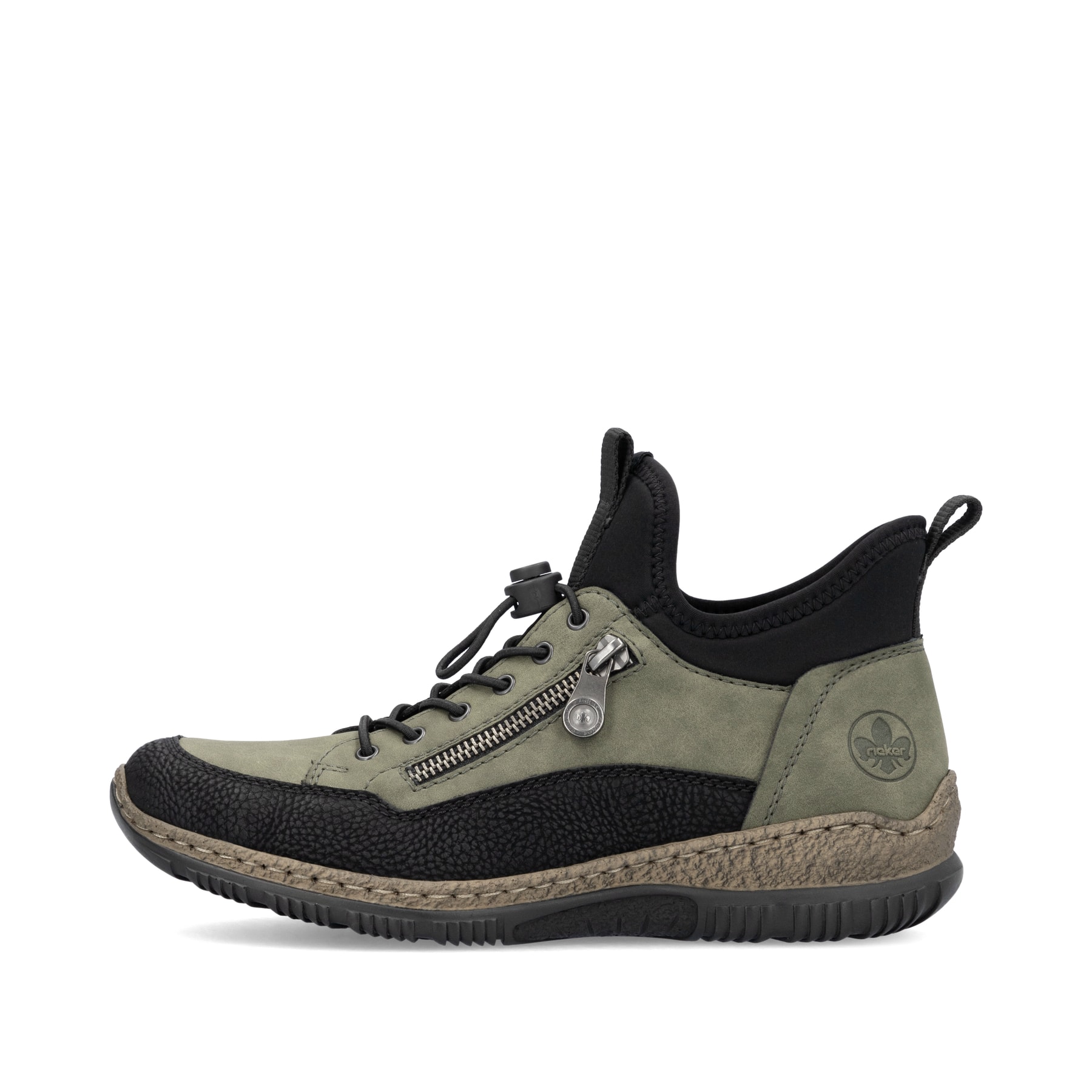 Kaktusgrüne Rieker Damen Slipper N32G3-54 mit einer Gummischnürung. Schuh Außenseite.