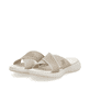 Beige vegane Rieker Damen Pantoletten V2105-60 mit einer ultraleichten Sohle. Schuhpaar seitlich schräg.