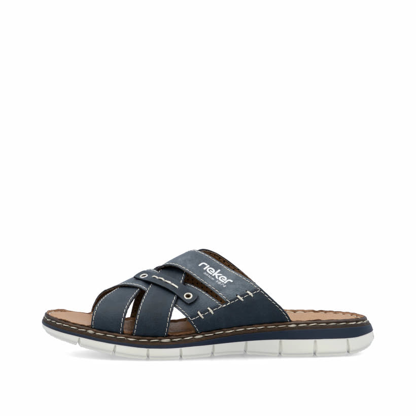 Blaue Rieker Herren Pantoletten 25199-14 mit modernen Ziernähten. Schuh Außenseite.