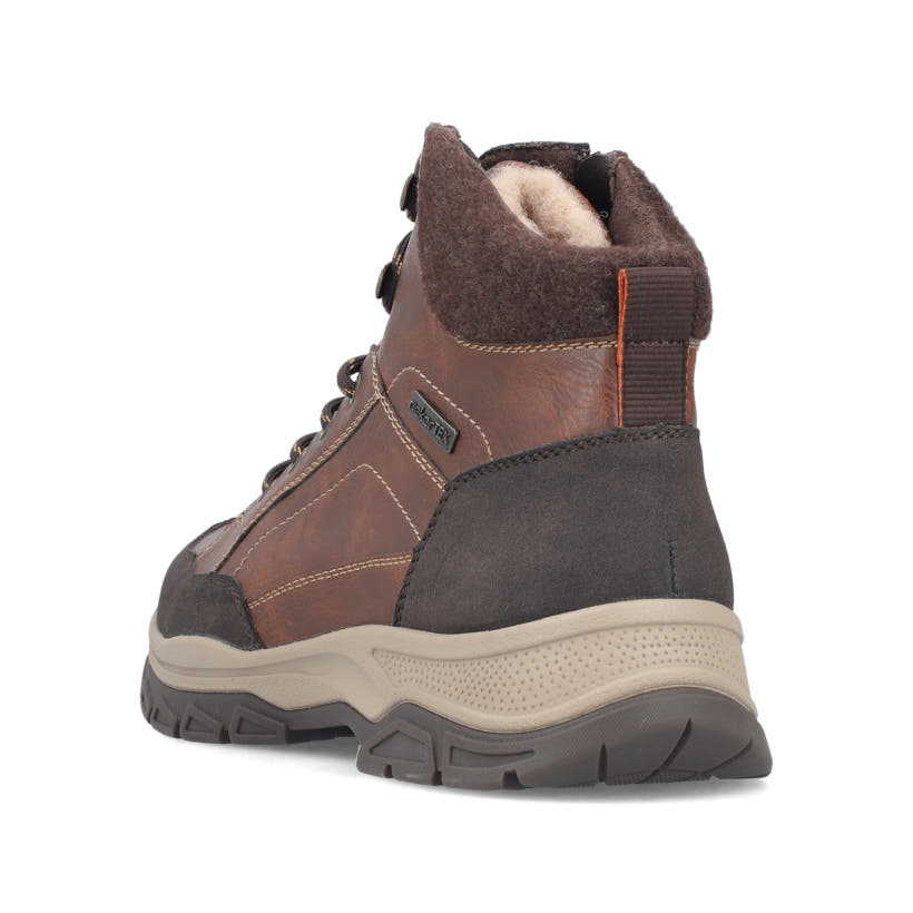 Braune Rieker Herren Schnürstiefel 30212-24 mit wasserabweisender TEX-Membran. Schuh von hinten.