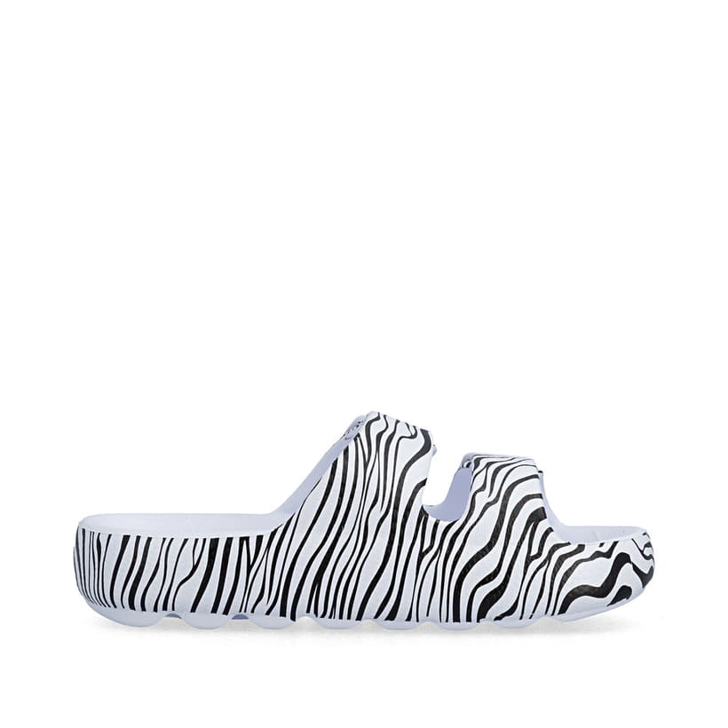 Schwarzweiße Rieker Damen Pantoletten P2450-81 mit angesagtem Animal-Print. Schuh Innenseite.