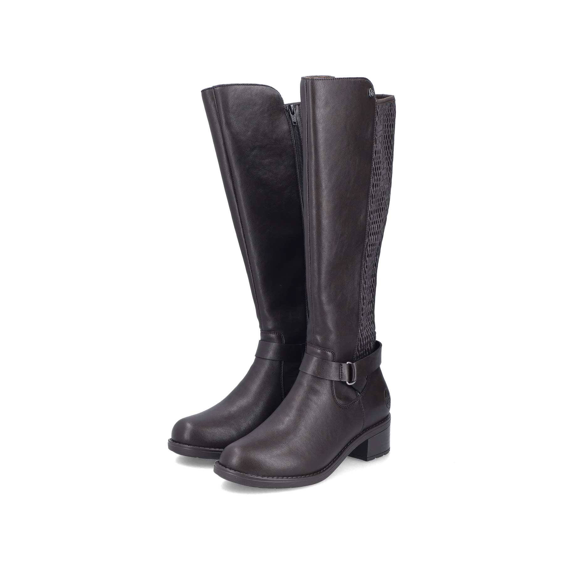 Dunkelbraune Rieker Damen Hochschaftstiefel 75490-25 mit einem Reißverschluss. Schuhpaar seitlich schräg.