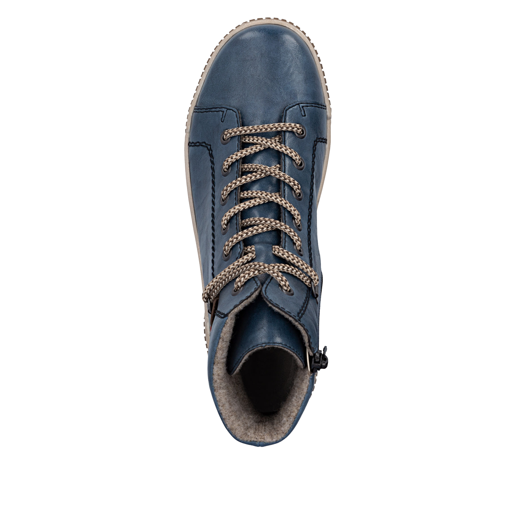 Dunkelblaue Rieker Damen Kurzstiefel N0730-14 mit einem Reißverschluss. Schuh von oben.