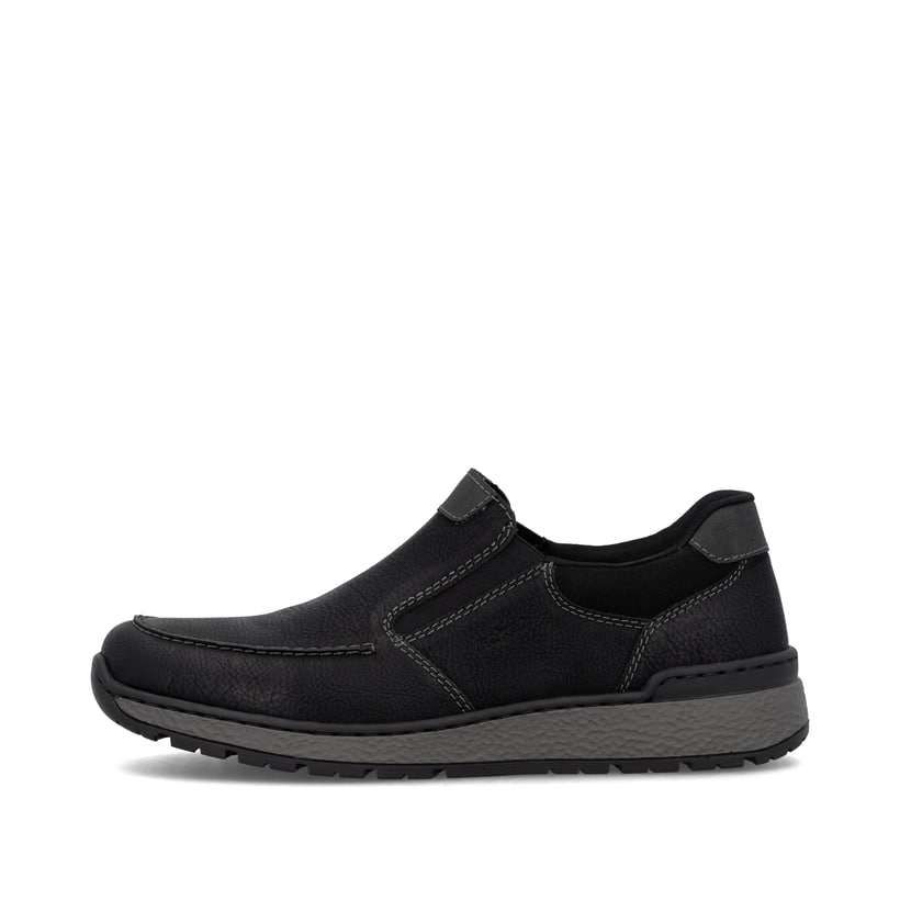 Mocassins Rieker noirs pour homme B9062-00 avec bande élastique. Côté extérieur de la chaussure.