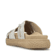 Beige Rieker Damen Pantoletten V1588-60 mit einem Gummizug sowie griffiger Sohle. Schuh von hinten.