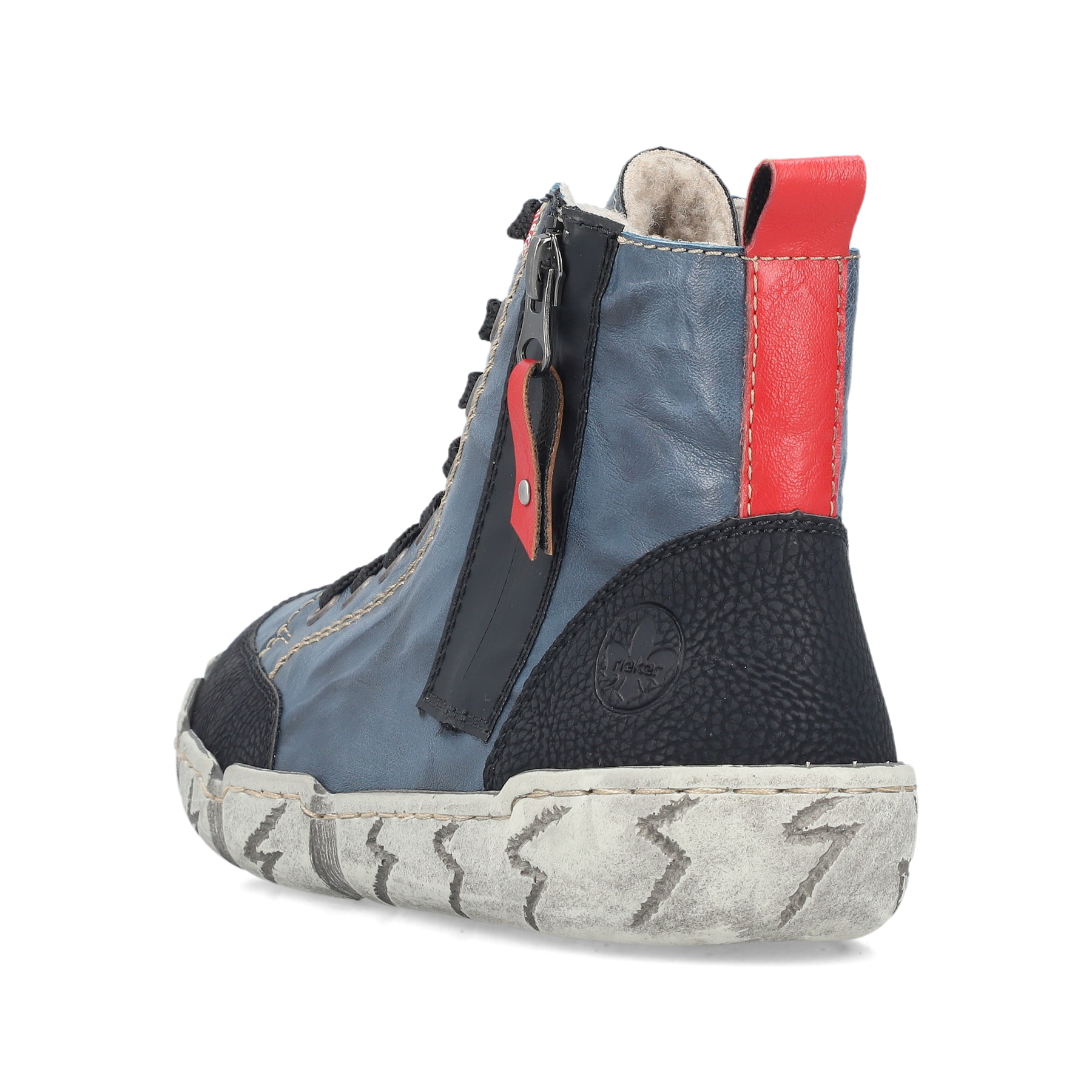 Blaue Rieker Damen Kurzstiefel L0370-14 mit einem Reißverschluss. Schuh von hinten.