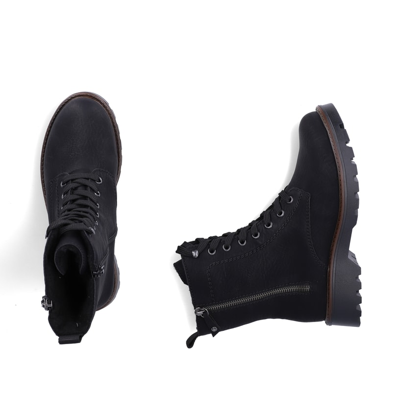Schwarze Rieker Damen Biker Boots 73210-00 mit einem Reißverschluss. Schuh von oben, liegend.