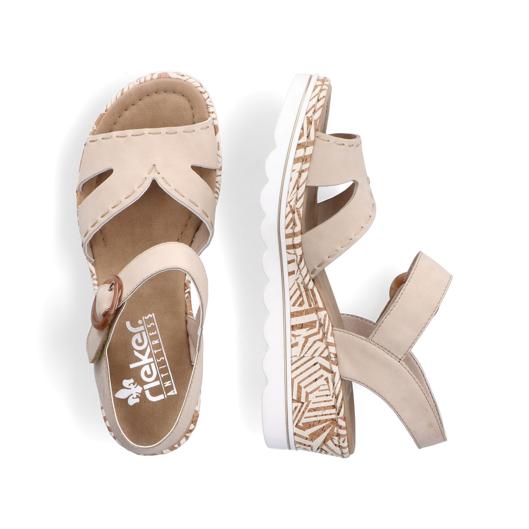 Champagnerfarbene Rieker Keilsandaletten 67173-60 mit einem Klettverschluss. Schuh von oben, liegend.