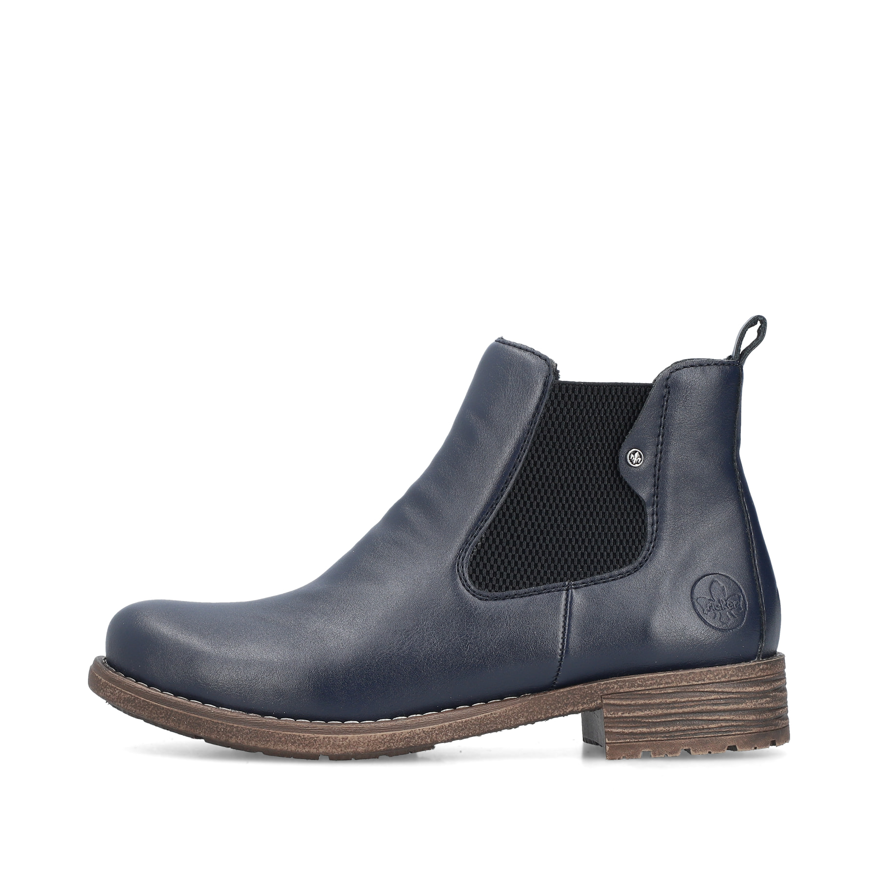 Dunkelblaue Rieker Damen Chelsea Boots 79450-14 mit einem Gummizug. Schuh Außenseite.