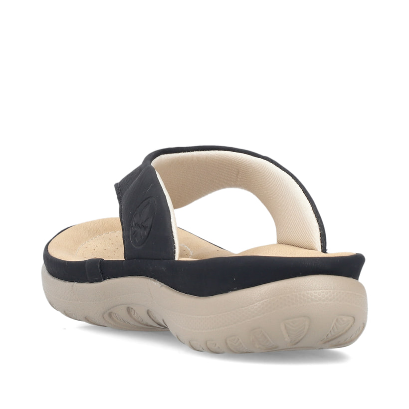 Schwarze Rieker Damen Zehentrenner 64802-00 mit einer ultraleichten Sohle. Schuh von hinten.