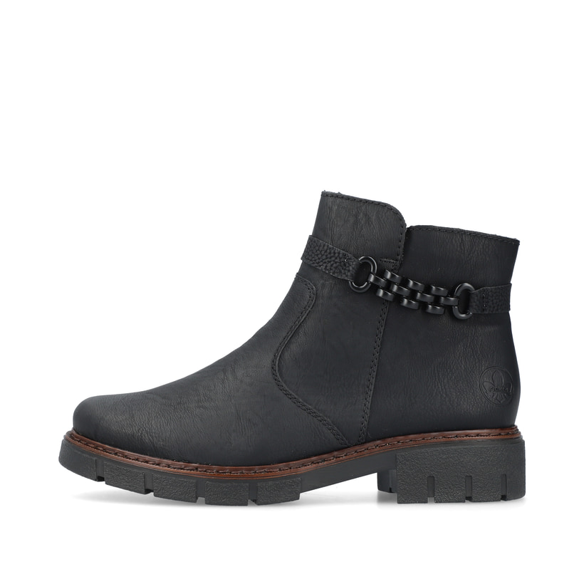 
Nachtschwarze Rieker Damen Kurzstiefel Z3566-00 mit einer schockabsorbierenden Sohle. Schuh Außenseite