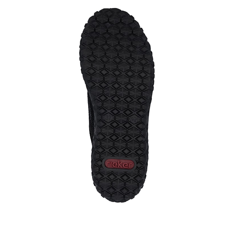 Baskets basses Rieker noires pour femmes 59501-00 avec fermeture éclair. Semelle extérieure de la chaussure.