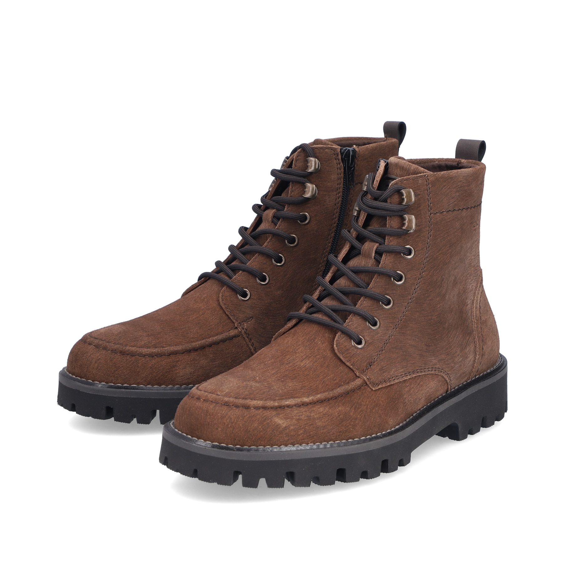 Braune Rieker Herren Schnürstiefel 30414-25 aus Rauleder mit Bergsteiger-Ösen. Schuhpaar seitlich schräg.