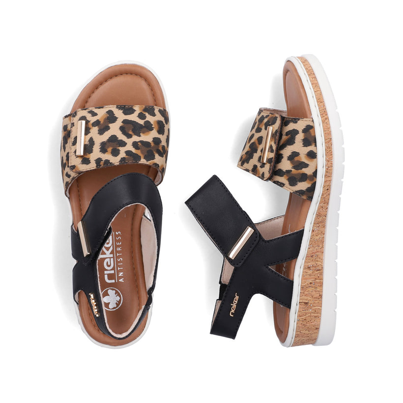 Schwarze Rieker Damen Riemchensandalen V4181-00 mit angesagtem Animal-Print. Schuh von oben, liegend.