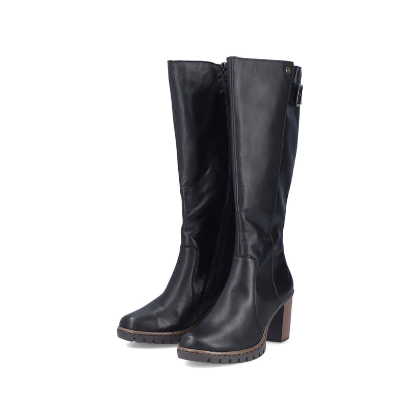 Schwarze Rieker Damen Hochschaftstiefel Y2581-00 aus Glattleder. Schuhpaar seitlich schräg.