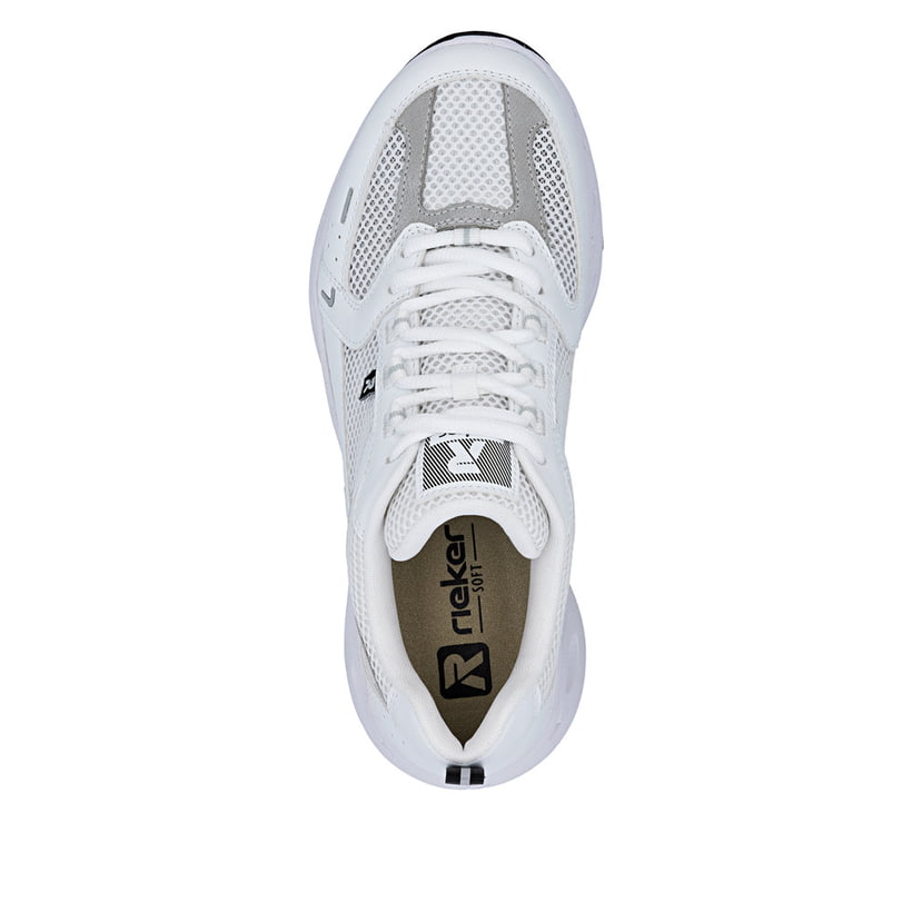 Weiße Rieker Damen Sneaker Low M6501-80 mit einer Schnürung sowie Komfortweite G. Schuh von oben.