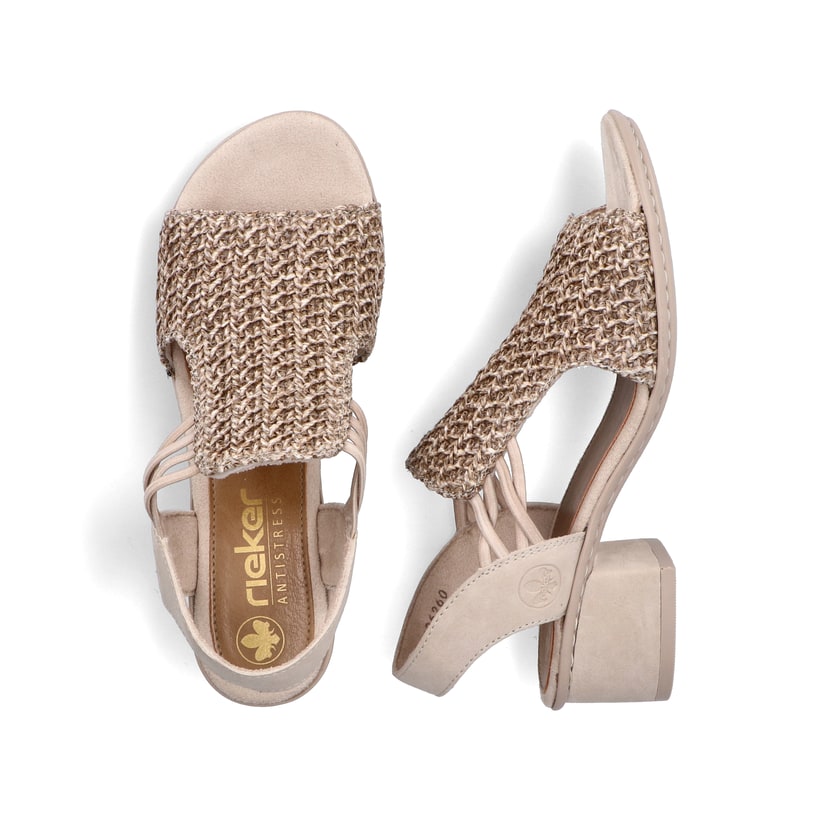 Beige Rieker Riemchensandaletten 64962-60 mit Gummizug sowie leichter Sohle. Schuh von oben, liegend.