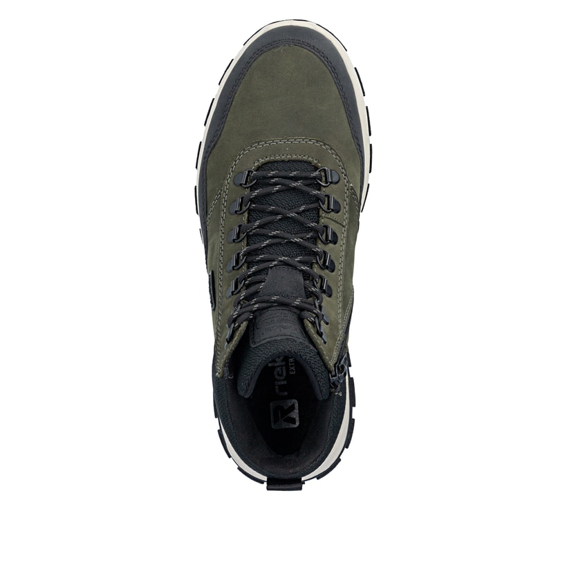 Dunkelgrün-schwarze Rieker Herren Schnürstiefel B8124-54 mit Reißverschluss. Schuh von oben.