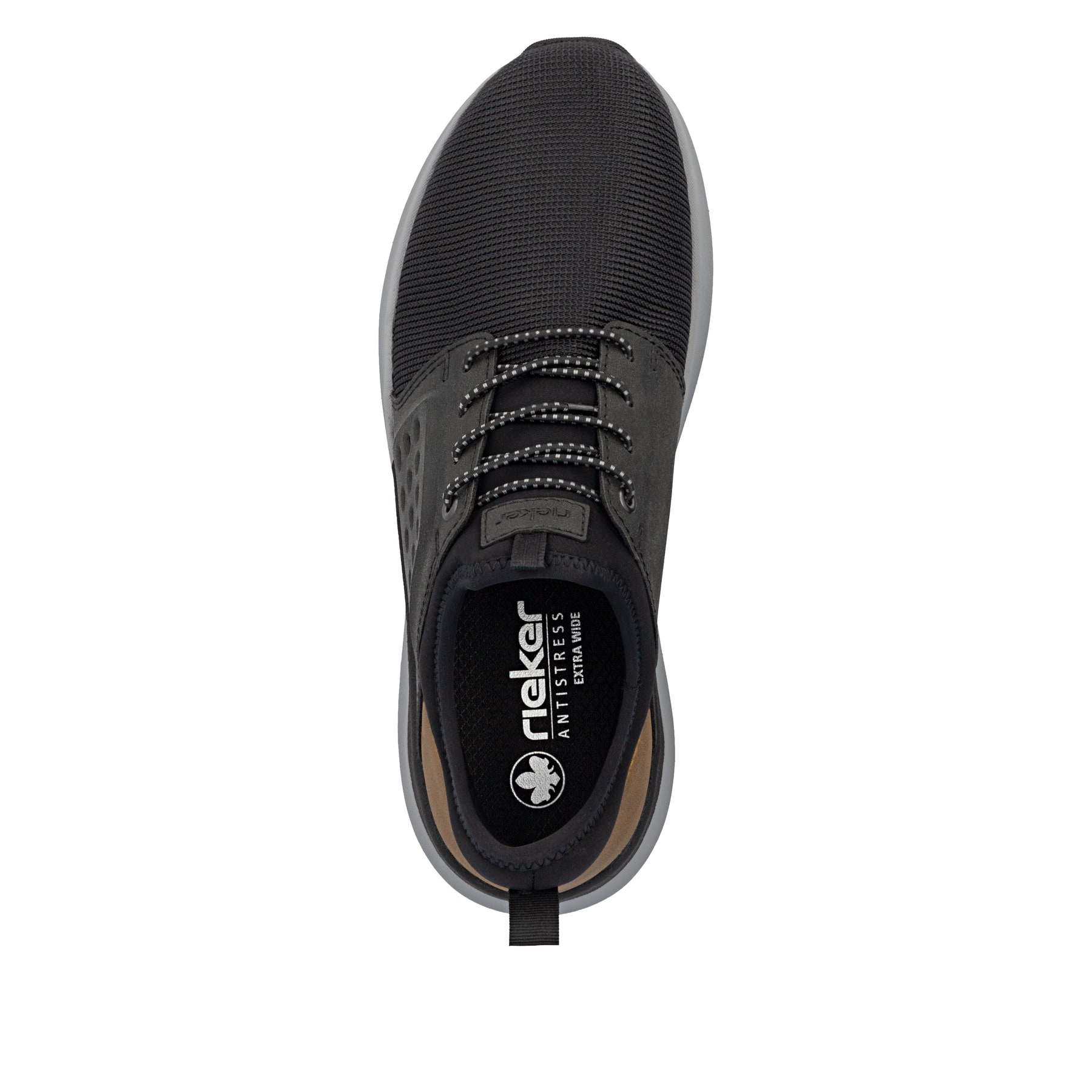 Mocassins Rieker noirs pour hommes 06058-00 avec bande élastique. Chaussure vue de dessus.