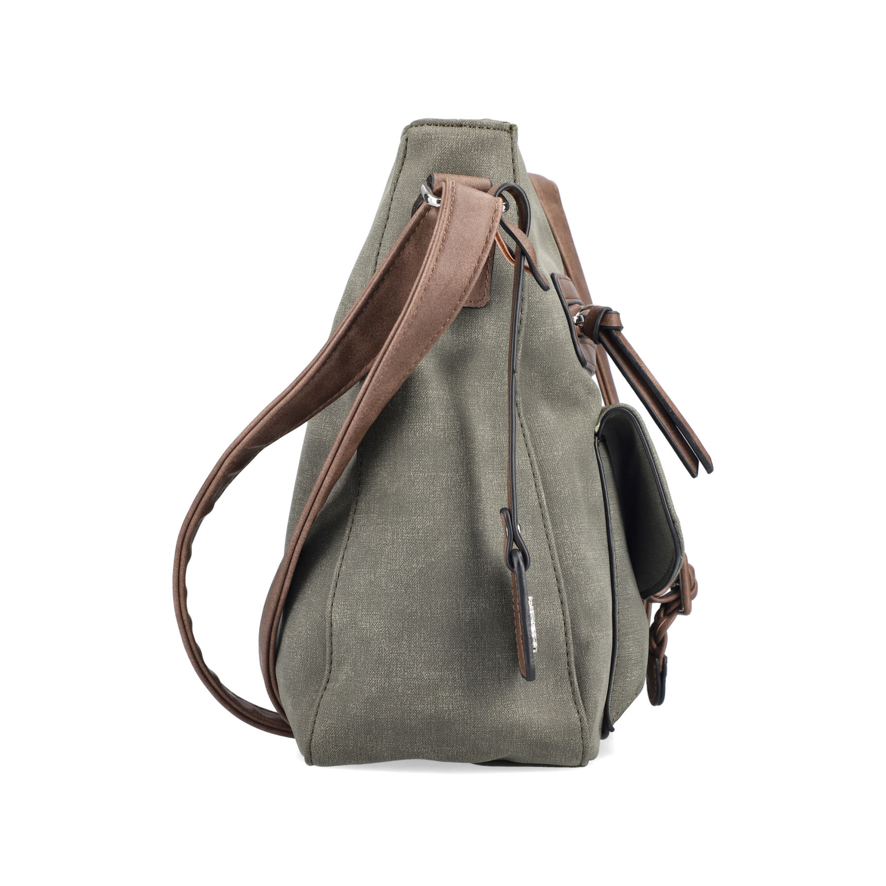 Sac à main Rieker H1340-54 en vert avec sangle décorative tressée, fermeture éclair et poche pour téléphone portable. Côté droit.