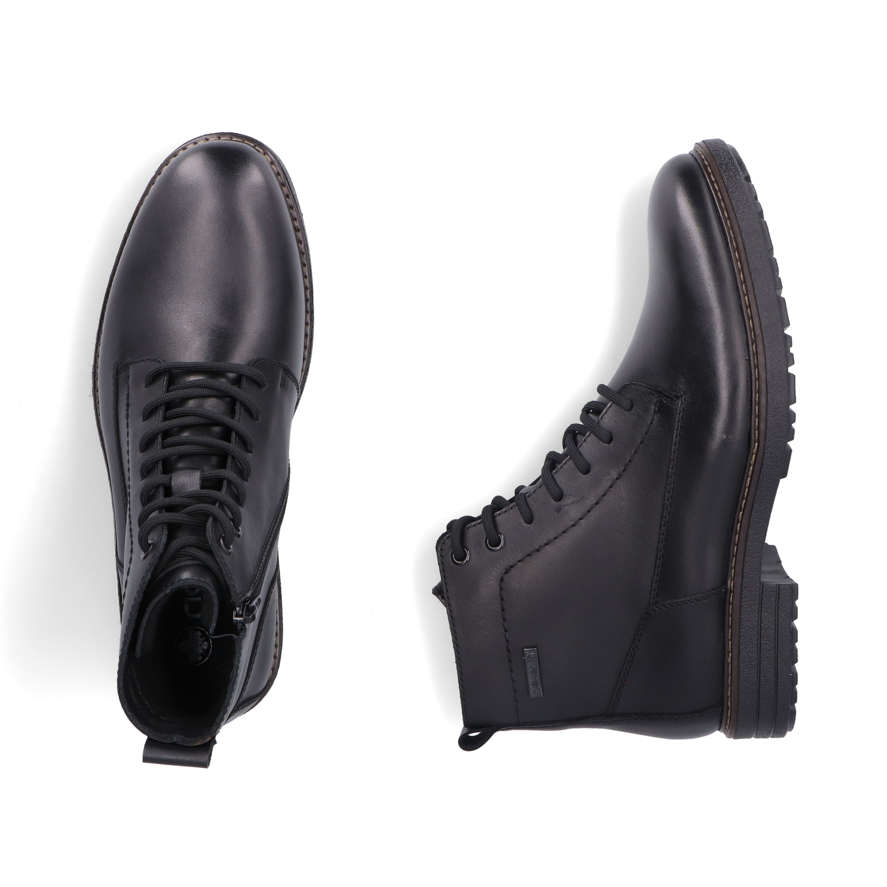 Schwarze Rieker Herren Schnürstiefel 33143-00 aus Glattleder. Schuh von oben, liegend.