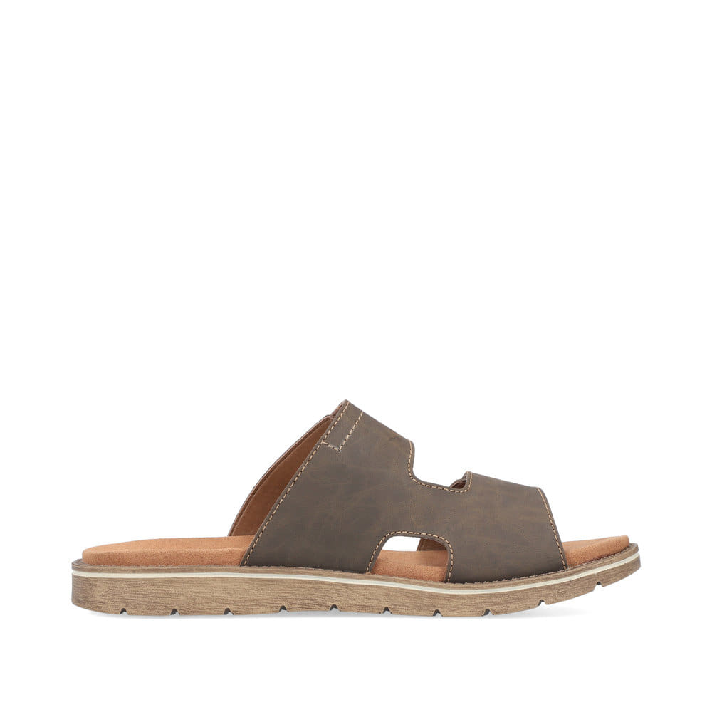 Braune Rieker Herren Pantoletten 24394-25 mit modernen Ziernähten. Schuh Innenseite.