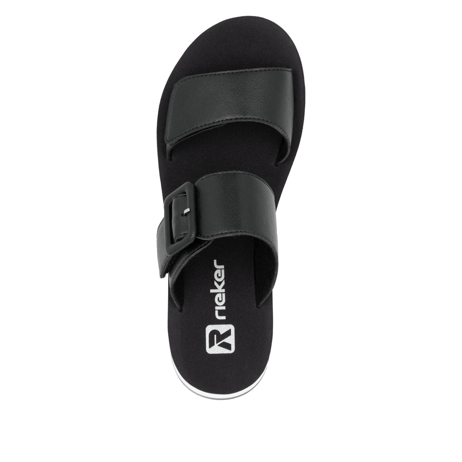 Schwarze Rieker Damen Pantoletten W3050-00 mit einem Klettverschluss. Schuh von oben.