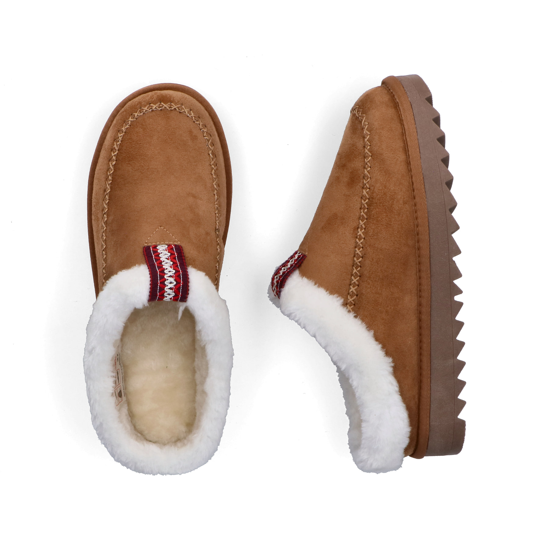 Hellbraune Rieker Damen Clogs 99890-24 mit Fellschaftrand sowie Komfortweite G. Schuh von oben, liegend.