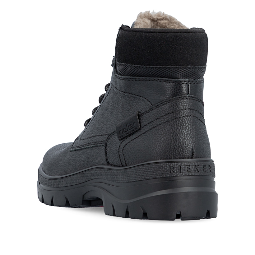Schwarze Rieker Herren Schnürstiefel F5400-00 aus Glattleder mit Flip-Grip Sohle. Schuh von hinten.