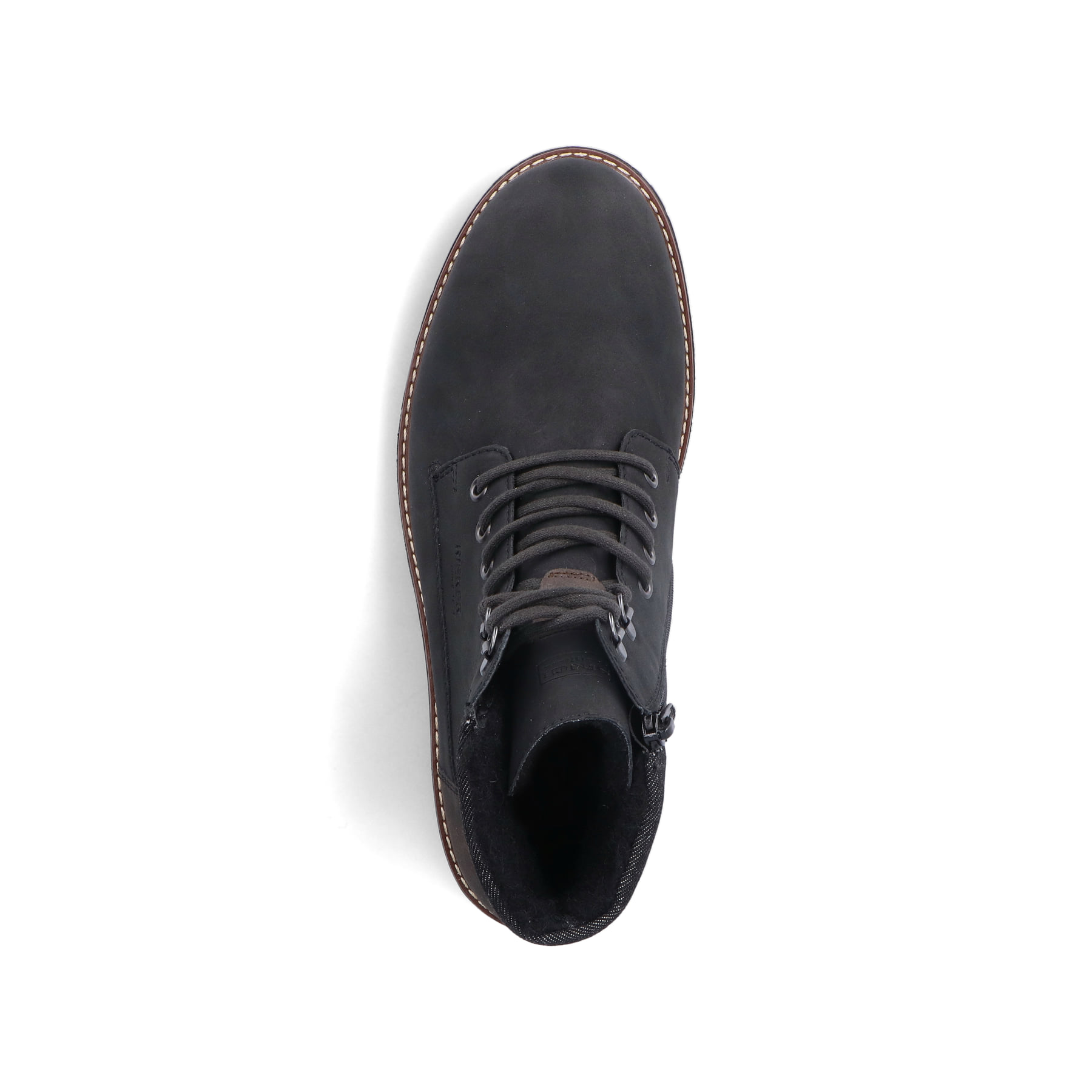 Asphaltschwarze Rieker Herren Schnürstiefel F3611-00 mit Schnürung und Reißverschluss. Schuh von oben