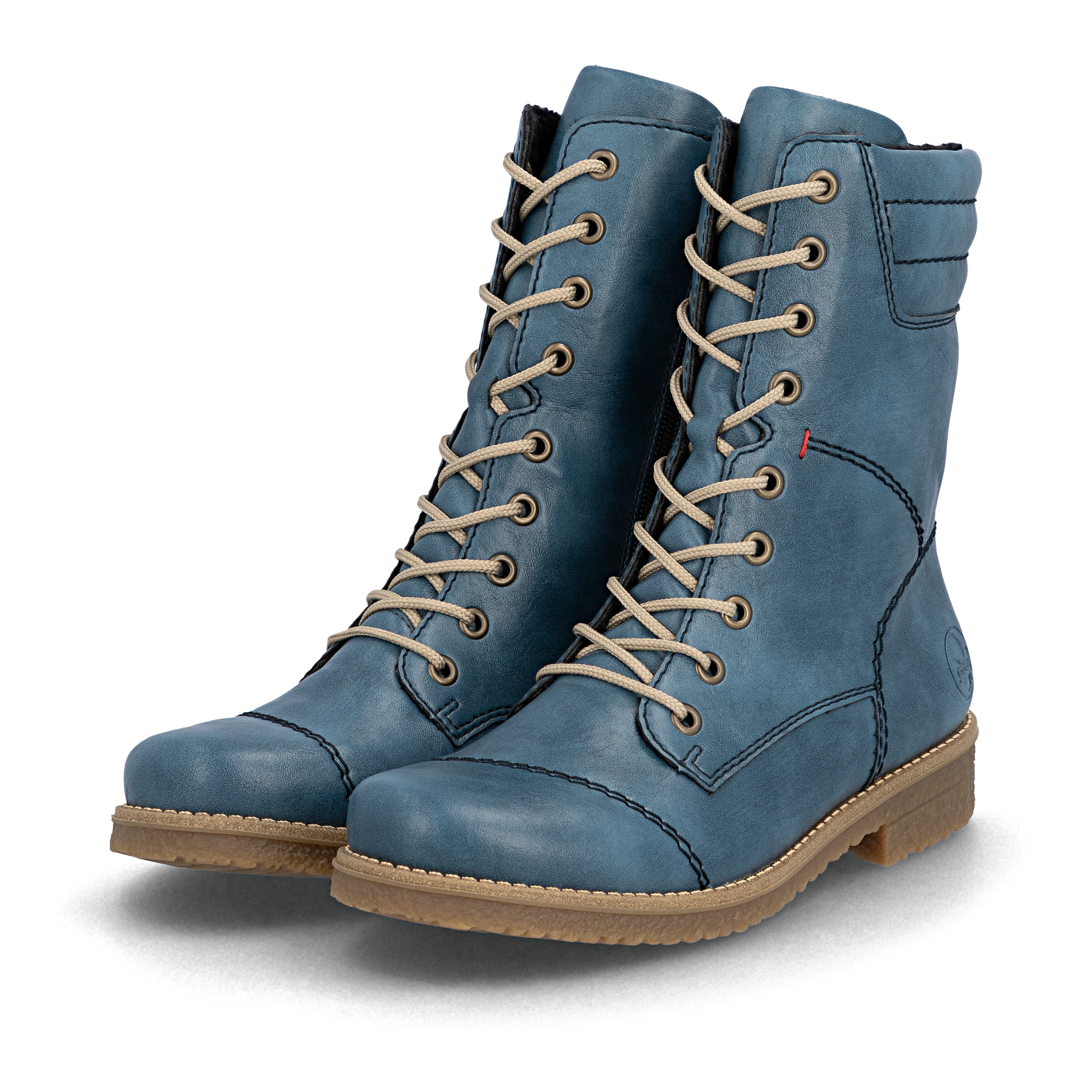 Hellblaue Rieker Damen Schnürstiefel 73570-14 mit gepolstertem Schaftrand. Schuhpaar seitlich schräg.