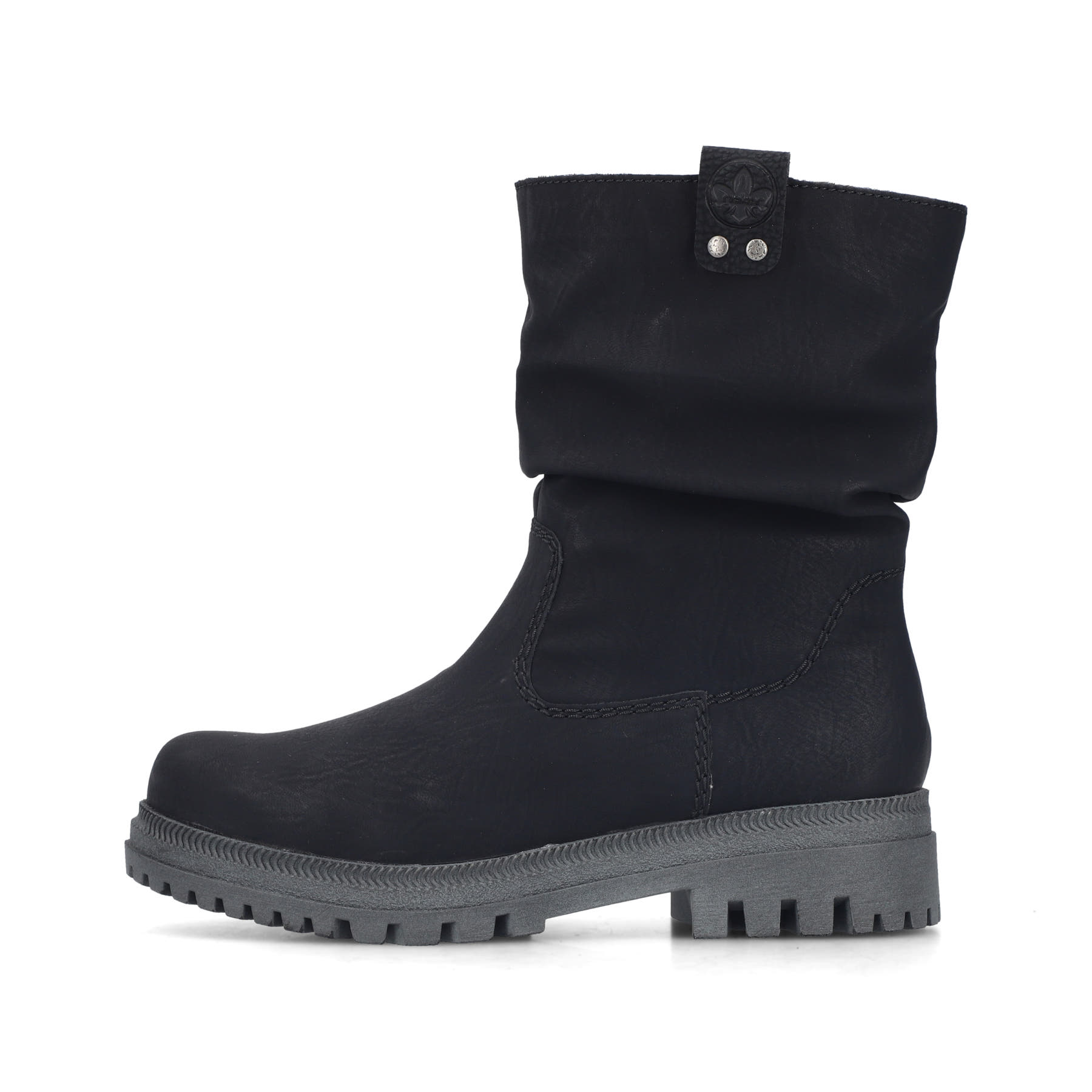 Schwarze Rieker Damen Kurzstiefel Y7681-00 mit gerafftem Schaft. Schuh Außenseite.