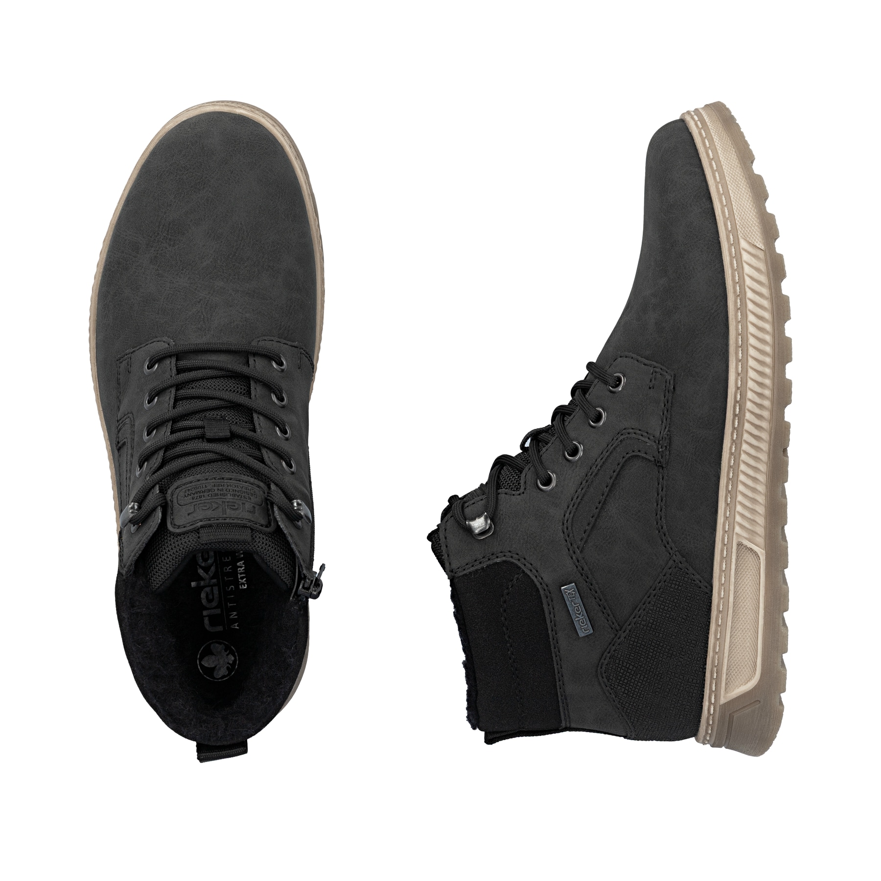 Schwarze Rieker Herren Schnürstiefel 37005-00 mit wasserabweisender TEX-Membran. Schuh von oben, liegend.