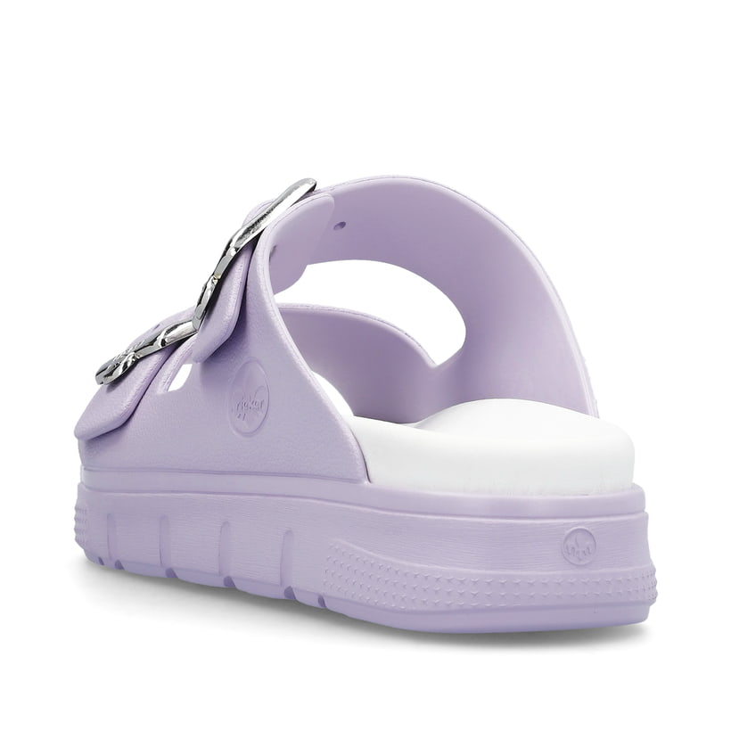 Fliederfarbene Rieker Damen Pantoletten P2180-30 mit einer Schnalle. Schuh von hinten.