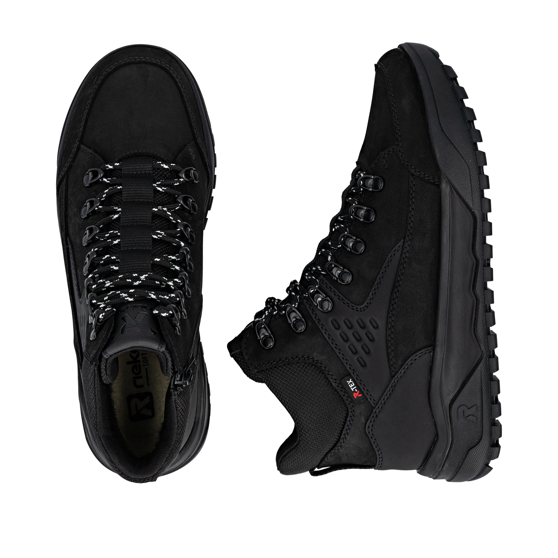 Schwarze Rieker Herren Schnürstiefel U1570-00 aus Rauleder. Schuh von oben, liegend.