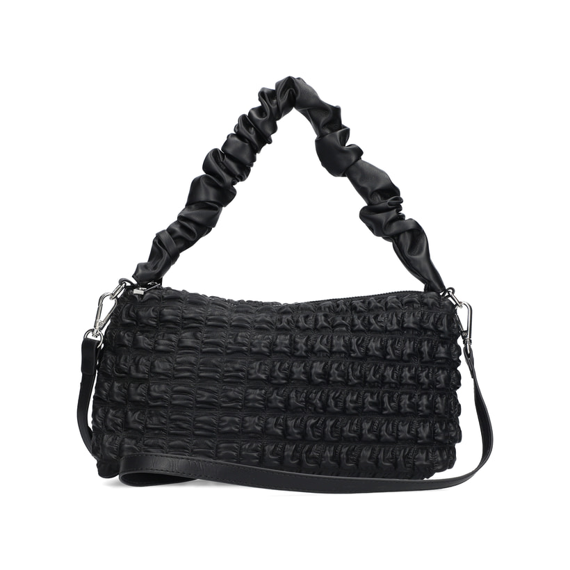 Rieker Handtasche H1653-00 in Schwarz mit gesteppter Optik, Reißverschluss und abnehmbarer langen Riemen. Rückseite.