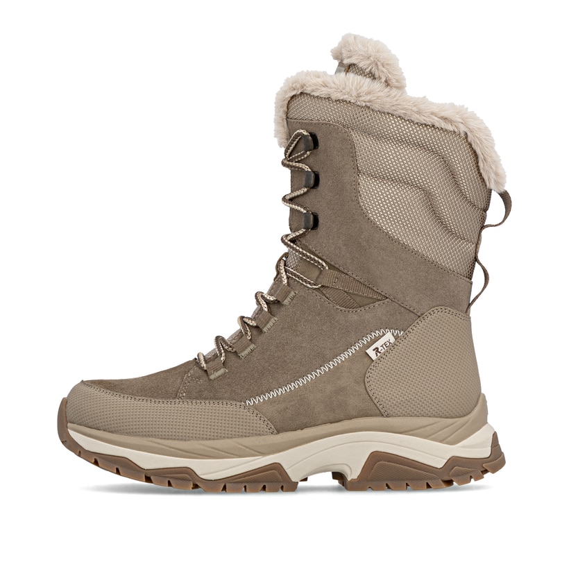 Beige Rieker Damen Schnürstiefel W3972-64 mit griffiger Fiber-Grip Sohle. Schuh Außenseite.
