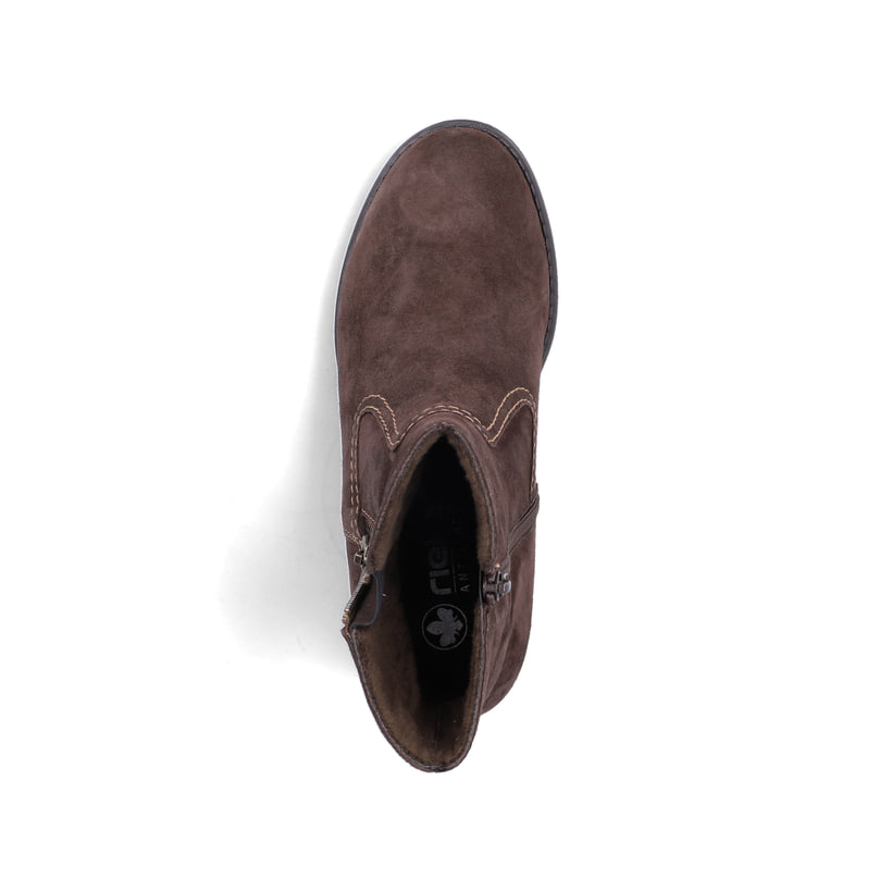 Dunkelbraune Rieker Damen Kurzstiefel 75460-24 aus Rauleder mit Reißverschluss. Schuh von oben.