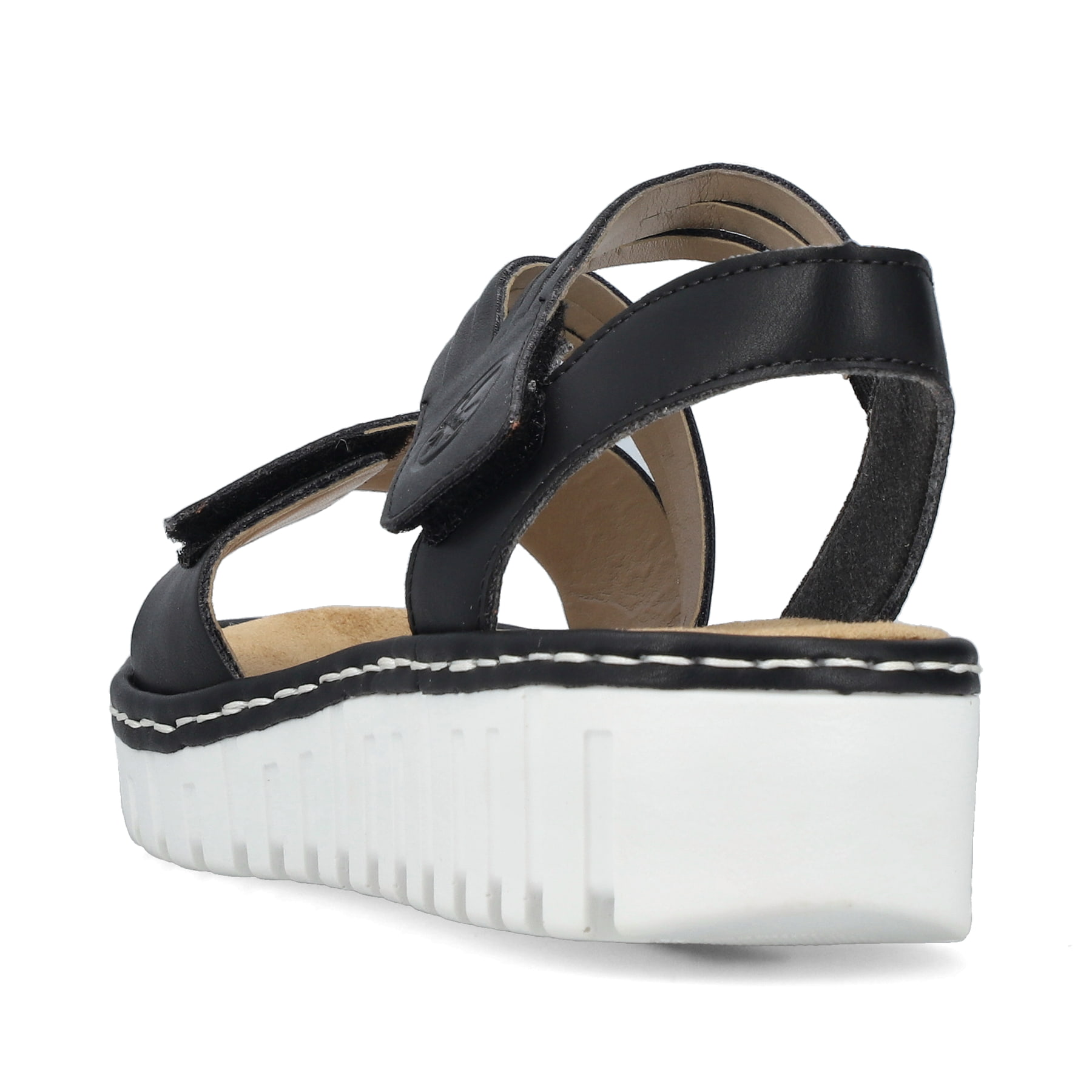 Schwarze Rieker Keilsandaletten V1364-00 mit einem Klettverschluss. Schuh von hinten.