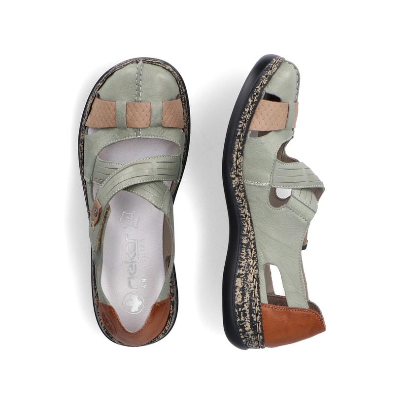 Grüne Rieker Ballerinas 46368-52 mit einem Klettverschluss. Schuh von oben, liegend.