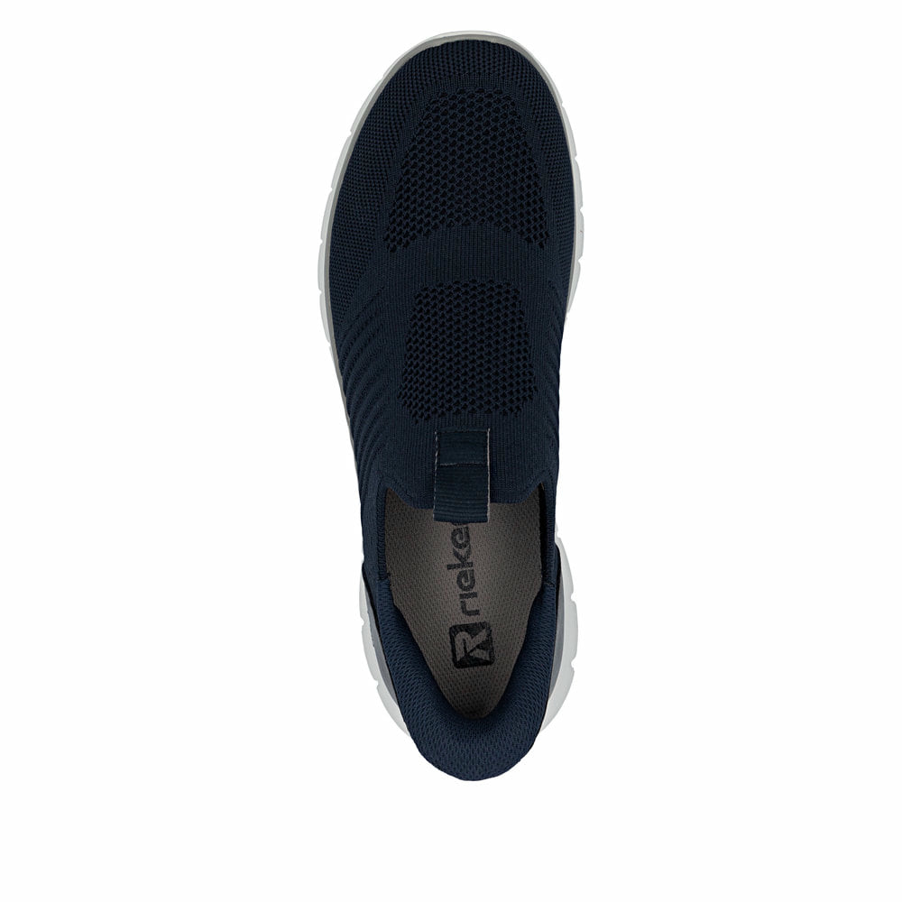 Blaue Rieker Herren Slipper B6659-15 mit Ready2GO easy in Feature sowie Gummizug. Schuh von oben.